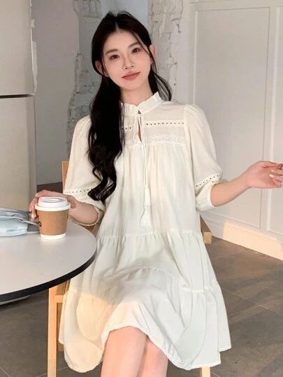 DAZY 女士泡泡袖下摆立领荷叶边连衣裙，秋季长袖连衣裙