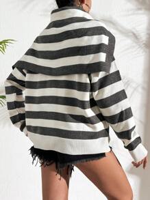 Women's Striped Long Sleeve Sweater - Grey - View 2