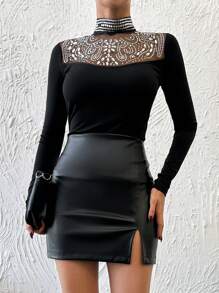 EURMUSE 女士鑲有亮鑽的網眼拼接立領t恤