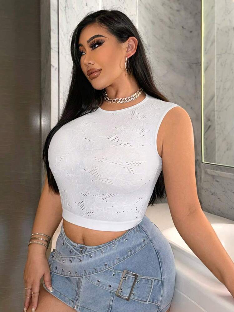 Casual Sexy White Stretch Knit Tight Fabric Seamless Sleeveless Top