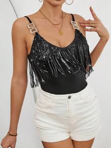 Chiquease Women's Beaded Spaghetti Strap Tank Top With Metal Buckle - Black - View 6