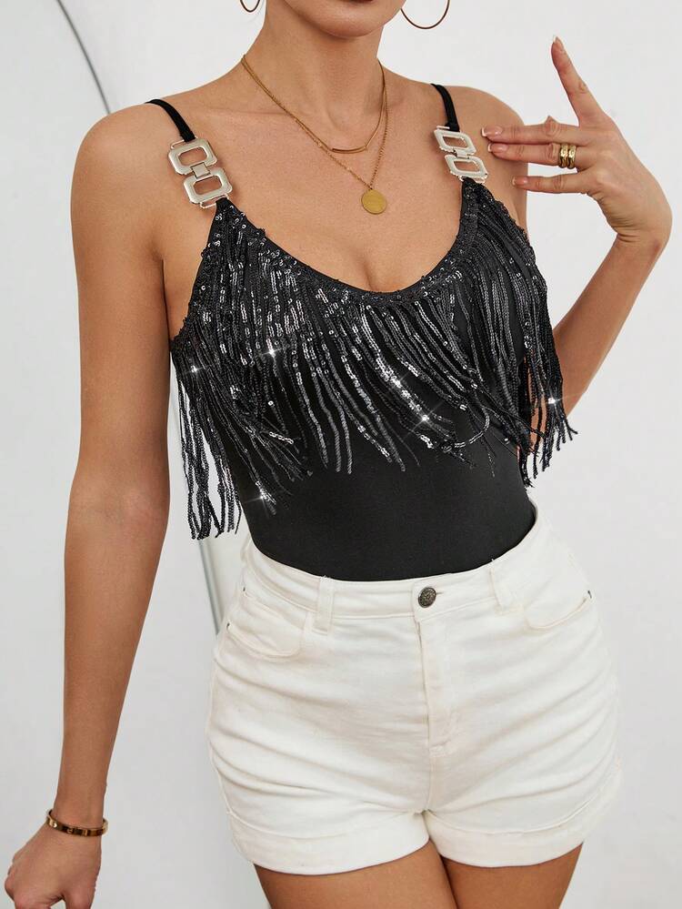 Women's Beaded Spaghetti Strap Tank Top With Metal Buckle