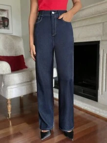 SHEIN Frenchy Pantalones rectos con aspecto de jeans, versátiles y casuales para ir y venir - Azul lavado oscuro - Ver 3