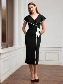 MOTF PREMIUM 編織立體花卉連衣裙 - 黑與白 - 查看 4