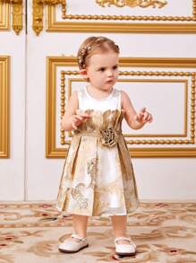 SHEIN Baby Girl Color-Blocked Gold Floral Pattern 3d Flower Sleeveless Dress - Beige - View 5