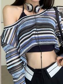 Nuova Arrivo Maglione A Maglia A Collo Alto Da Donna, Stile Y2k Sexy E Casual, Maniche A Sbuffo Con Design Forato E A Blocchi Di Colore, Casual Con Righe Casuali E Taglio Corto - Multicolore - Visualizzare 6