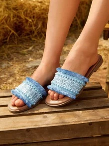 Styleloop Women's Tassel Embellished Ruffle Slippers, Elegant Sandals,New Arrival Women's Flat Beach Sandals, Peep Toe, Fringe Tassel, Easy Slip-On, For Outdoor Wear,Women's Fashionable Bohemian Style Comfortable Flat Sandals