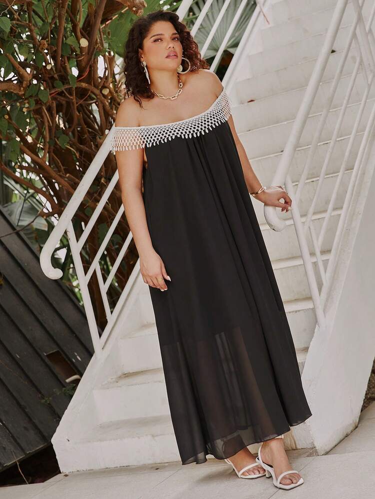 Plus Size Patchwork Water-Soluble Lace Off Shoulder Dress