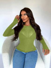 SHEIN SXY Women's Solid Color Perspective Slim Fit Long Sleeve Top - Green - View 5