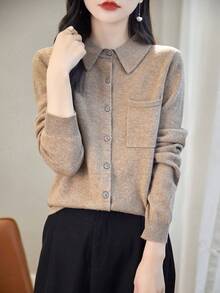 新款女式羊毛開衫，100％純羊毛製，柔軟輕盈，秋冬薄外套，奢華羊毛毛衣