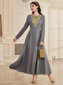 Al Najma Women's Woven Straps Splicing Dress, Modest - Grey - View 1