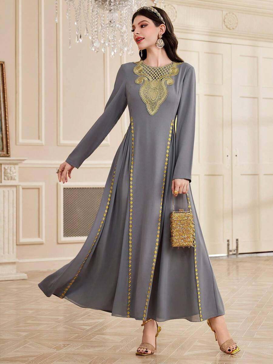 Al Najma Women's Woven Straps Splicing Dress, Modest - Grey - View 1