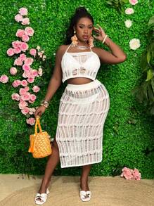 Slaydiva Plus Size Hollow Out Knitted Sweater 2pcs/Set - White - View 1