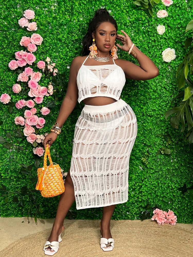 Plus Size Hollow Out Knitted Sweater 2pcs/Set