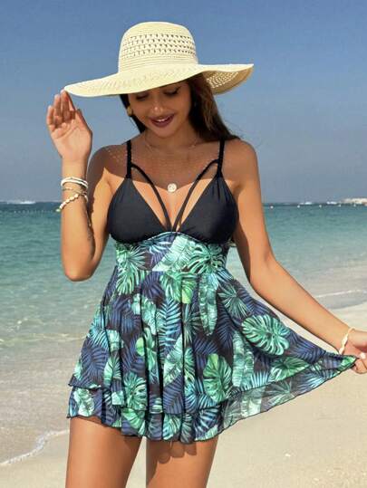 SHEIN Swim Summer Women's Tropical Print Splicing Tankini Set