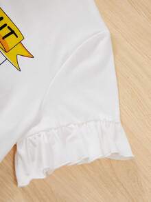SHEIN تيشيرت قصير أنيق بعنق دائري للفتيات المراهقات، بتصميم كرتوني جذاب وأسلوب أنثوي في الأكمام - أبيض - مشاهدة 6
