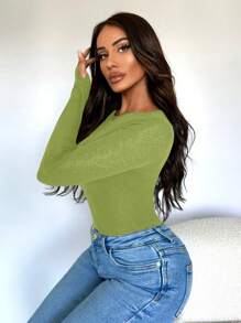 SHEIN SXY Women's Solid Color Perspective Slim Fit Long Sleeve Top - Green - View 3