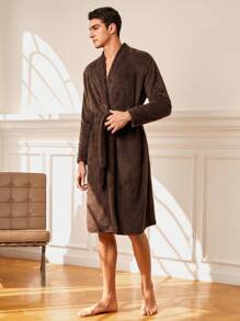 Men'S Plush Home Robe - Coffee Brown - View 6