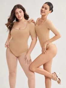 SHEIN BASICS Plus Square Neck Slim Fit Bodysuit - Camel - View 6