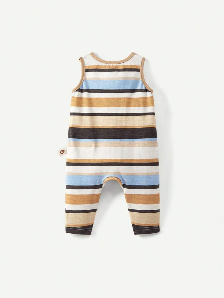 Newborn Baby Boy's Knitted Soft Contrast Stripe Round Neck Sleeveless Jumpsuit