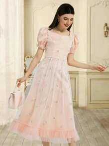 花卉刺繡泡泡袖優雅網紗連衣裙 - 粉色 - 查看 3