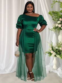 Plus Puff Sleeve Mesh Overlay Dress - Dark Green - View 1