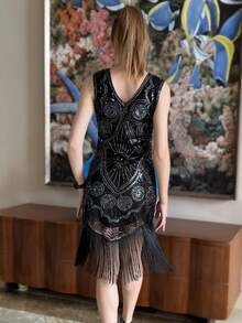 ANGEL FASHIONS 女式 20 世纪 20 年代复古 V 领闪光流苏鸡尾酒裙 - 彩色 - 查看 2
