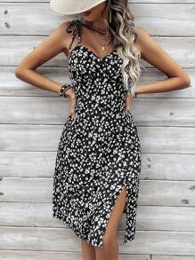 SHEIN VCAY Floral Print Knot Shoulder Cami Sundress - Black - View 1