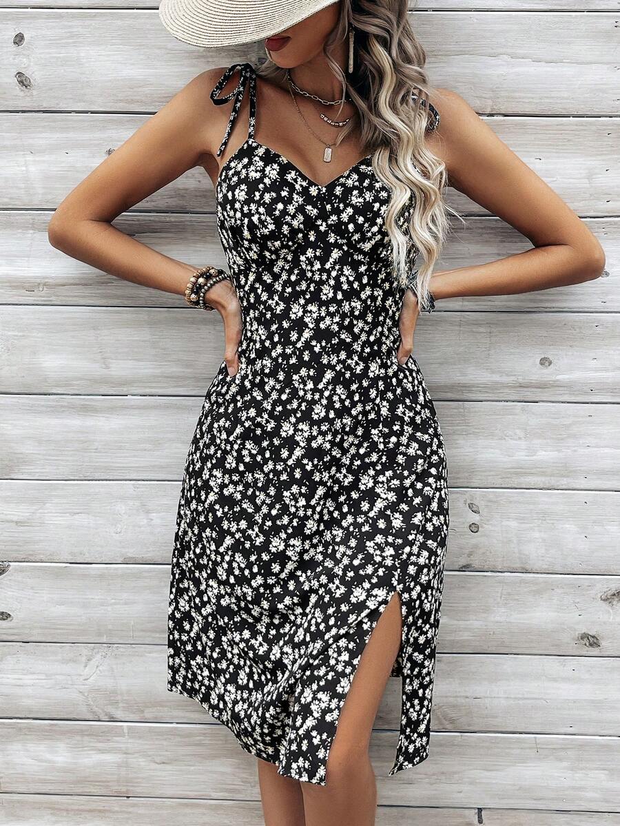 SHEIN VCAY Floral Print Knot Shoulder Cami Sundress - Black - View 1