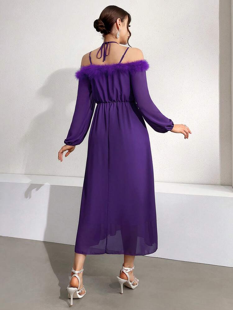 Women's Spliced Cat Design Off Shoulder Strap Halter Tie Waist Dress Long Evening Dresses