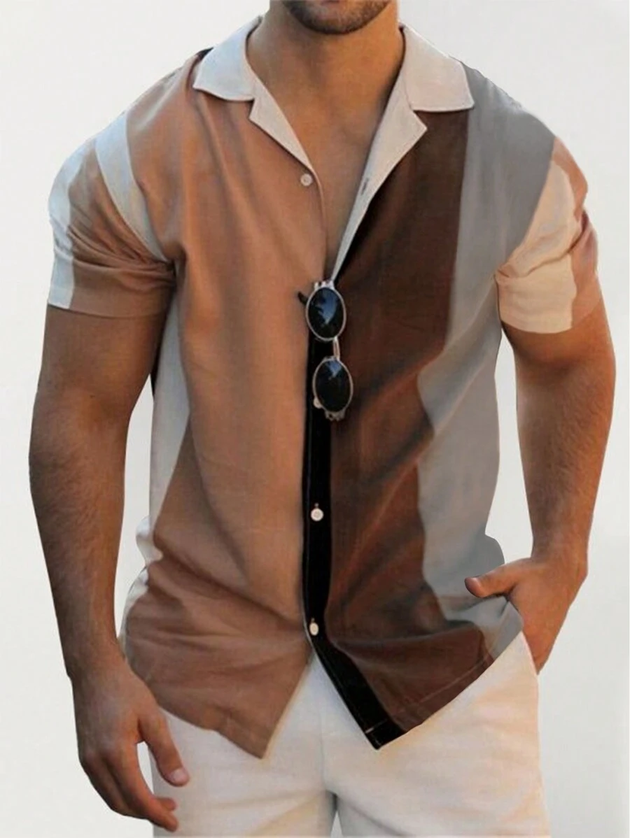 Manfinity Homme Chemise à boutons pour homme à blocs de couleurs à manches courtes, chemise graphique ajustée à boutons - Multicolore - Voir 1