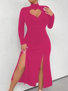 Flirla Plus Size Women's Heart Cutout Dual Slit Dress - Hot Pink - View 3