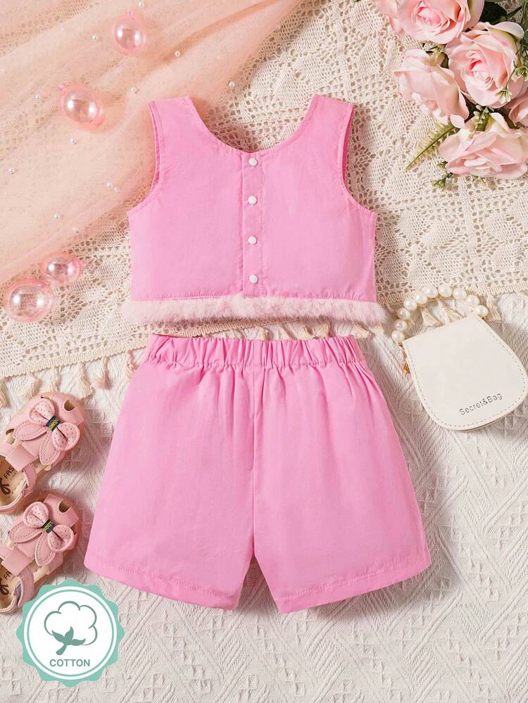 Baby Girl Elegant, Cute And Fashionable Top & Shorts Set With Fluffy Hem