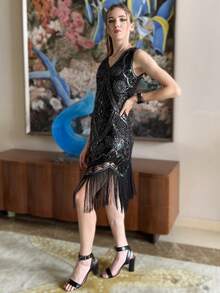 ANGEL FASHIONS 女式 20 世纪 20 年代复古 V 领闪光流苏鸡尾酒裙 - 彩色 - 查看 3