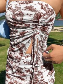 Soleia Holiday Themed Printed Strapless Top And Skirt Two Pieces Set - Mocha Brown - View 5