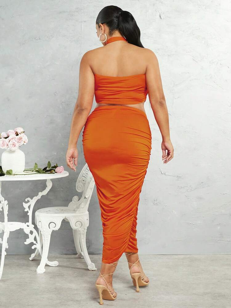 Plus Size Women's Knitted Basic Cross Neck Tie Vest & Pleated Skirt Two Piece Set