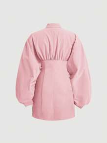 SHEIN MOD 女性打褶氣球袖襯衫裙 - 淺粉色 - 查看 2