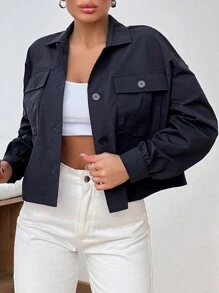 RueChic Flap Pocket Drop Shoulder Jacket - Black - View 3