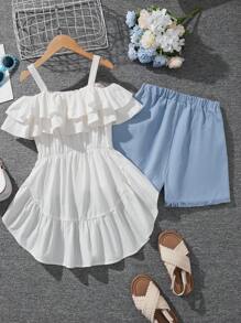 SHEIN Leap Crew Tween Girls' Double Layered Ruffle Hem Cami Top With Belted Uneven Hem Shorts Featuring Pocket, Bead & Tassel Decor Set