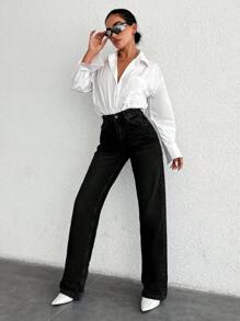 EURMUSE Women's Straight Leg Jeans With Diagonal Pockets - Black - View 6