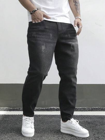 Manfinity LEGND 男士大碼貓鬚設計修身牛仔褲長款破洞五分褲黑色工作休閒裝