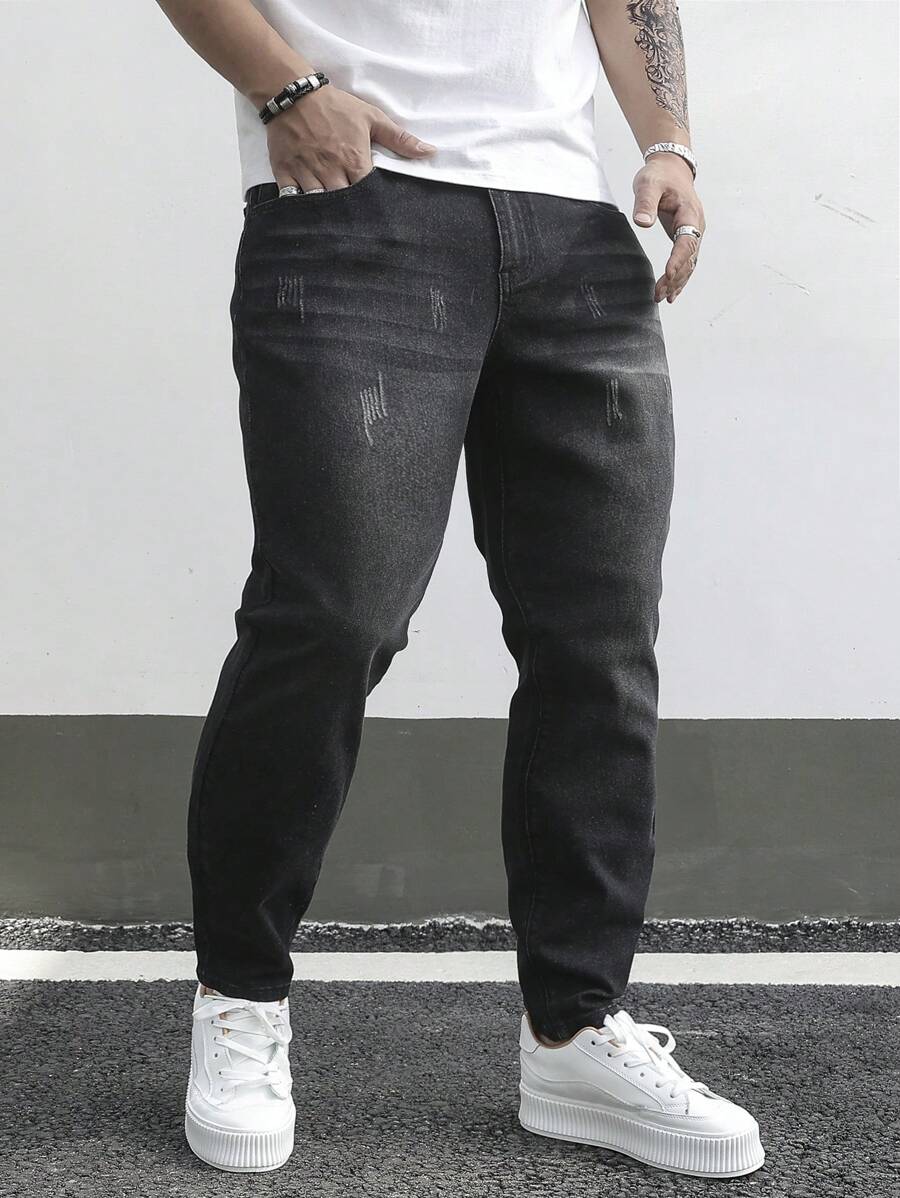 Manfinity Homme Men's Plus Size Cat Whiskers Design Slim Fit Jeans Long Ripped Frayed Jean Cargo Plain Black Work Casual Going Out Hang Out College Street Work - Black - View 1