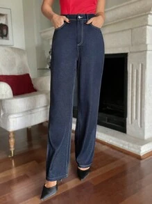 SHEIN Frenchy Pantalones rectos con aspecto de jeans, versátiles y casuales para ir y venir - Azul lavado oscuro - Ver 4