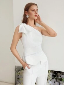 MOTF PREMIUM WOVEN ONE SHOULDER BLOUSE,CHIC BLOUSE - White - View 4