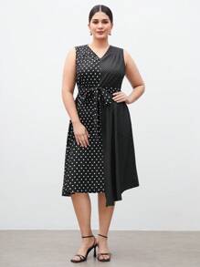 BizChic 大尺碼女士波點拼接無袖連衣裙 - 黑與白 - 查看 3