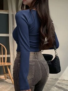DAZY 女式短款长袖罗纹T恤，秋季女装 - 藏蓝色 - 查看 2