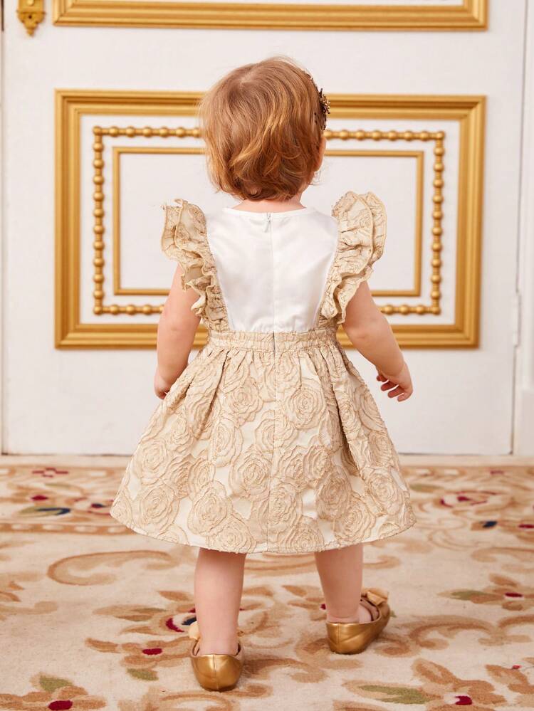 Baby Girls' Gorgeous Elegant Color-Blocking Ruffle Trim Floral Pattern Dress