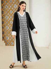 Al Najma Women's Geometric Pattern V-Neck Long Sleeve Color Block Dress