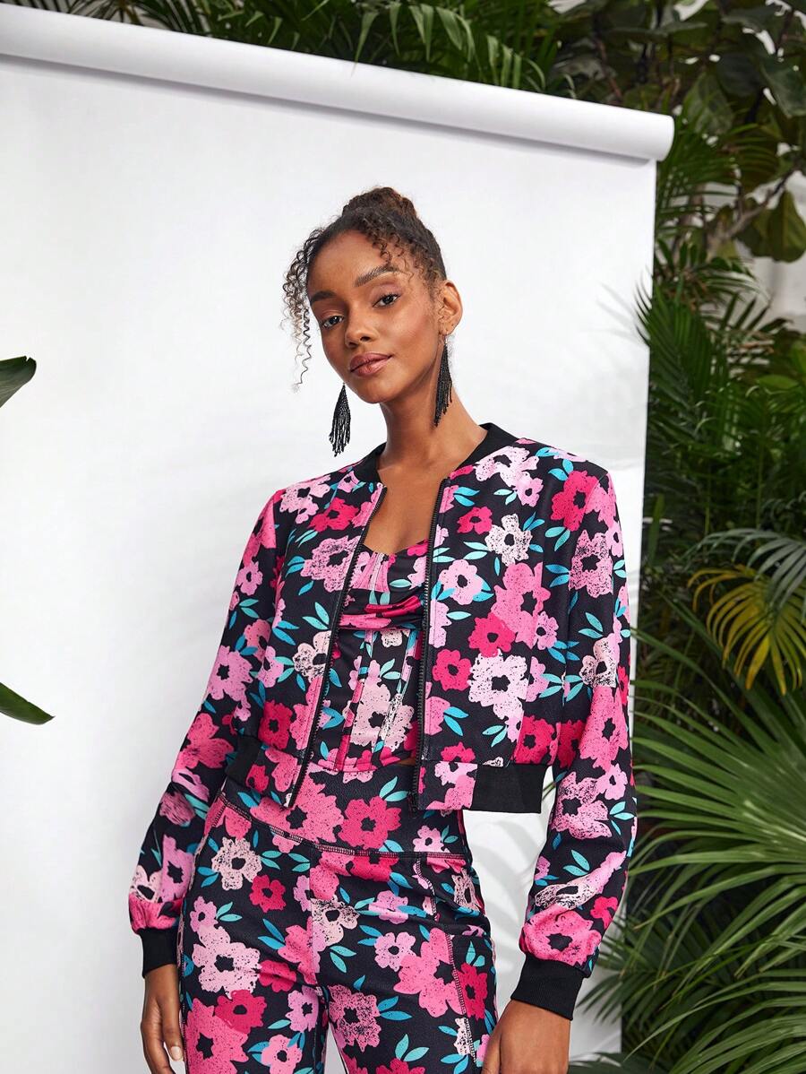 Debra Valencia Designer Business Casual Floral Flower Zip Up Bomber Jacket, For Holiday, Vacation, Going Out, Spring, Festival, Ibiza Fits - Multicolor - View 1