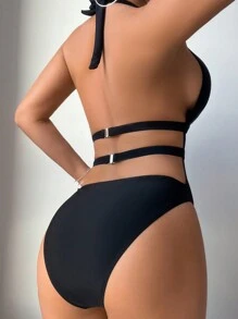 SHEIN Swim Summer Beach Women's One-Piece Swimsuit With Mesh Splice And Halter Neck - Black - View 2